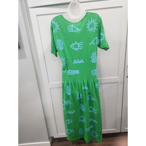 Cotton Fields By M. Mac Cotton Green Blue Fish Sun Long Dress Medium - Picture 2 of 6